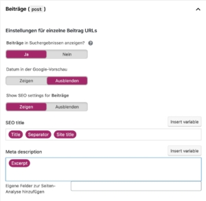 Yoast SEO - Options for individual content types