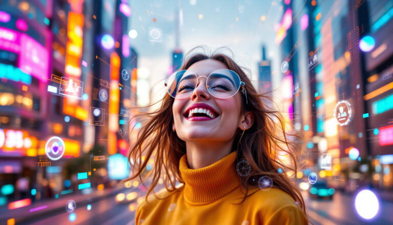 Mensch in futuristischer Stadtlandschaft im Jahr 2035, umgeben von schwebenden transparenten Dateninterfaces und subtil integrierten holographischen Strukturen, Symbol für die unsichtbare digitale Vernetzung und den Einfluss künstlicher Intelligenz auf das moderne Leben.
