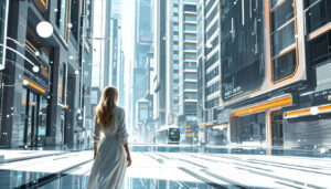 Homme dans un paysage urbain futuriste en 2035, entouré d'interfaces de données transparentes flottantes et de structures holographiques subtilement intégrées, symbole de la mise en réseau numérique invisible et de l'influence de l'intelligence artificielle sur la vie moderne.