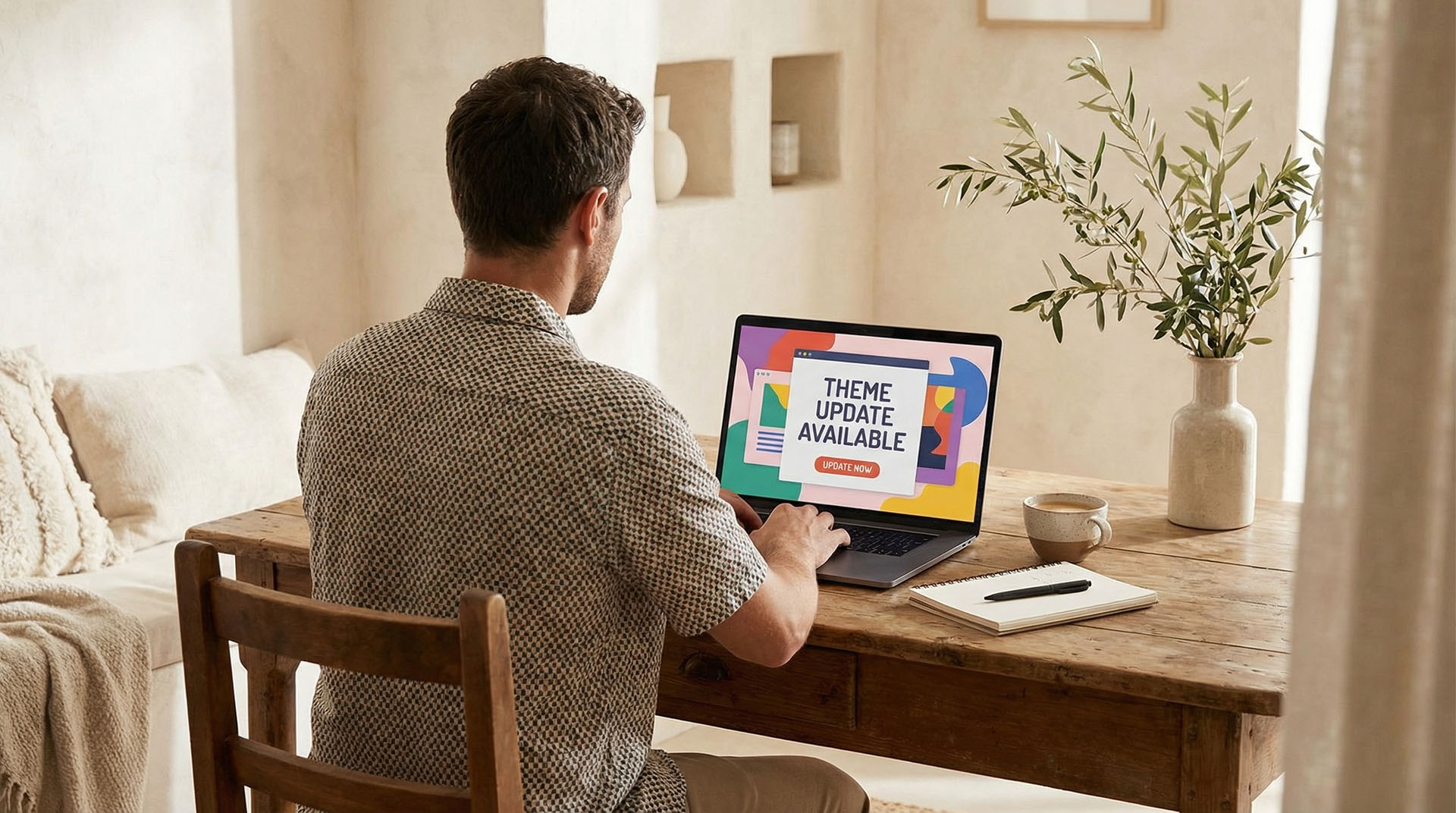 Webdesigner arbeitet am Laptop an einem Divi-5-Update und plant die sichere Migration von Divi 4 zu Divi 5 im modernen UX-Workspace.