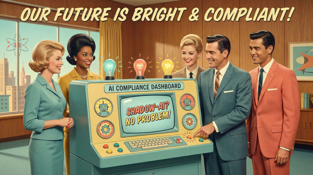 Geschäftsführung und IT-/Datenschutzverantwortliche sitzen gemeinsam vor einem Dashboard mit KI- und Compliance-Elementen.