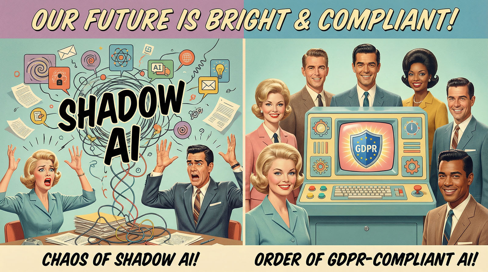 Gegenüberstellung von unkontrollierter Schatten-KI und einer zentralen, datenschutzkonformen KI-Plattform