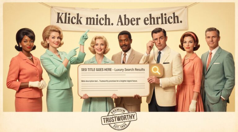 Humorvolles 50er-Jahre-Werbeplakat mit elegant gekleideter Gruppe und Suchergebnis-Snippet zur ehrlichen Formulierung von SEO-Titel und Meta Description.