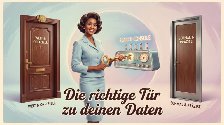Humorvolles 50er-Jahre-Werbeplakat mit Frau, Schlüssel und zwei Türen als Bild für die Wahl zwischen Domain-Property und URL-Präfix in der Google Search Console.