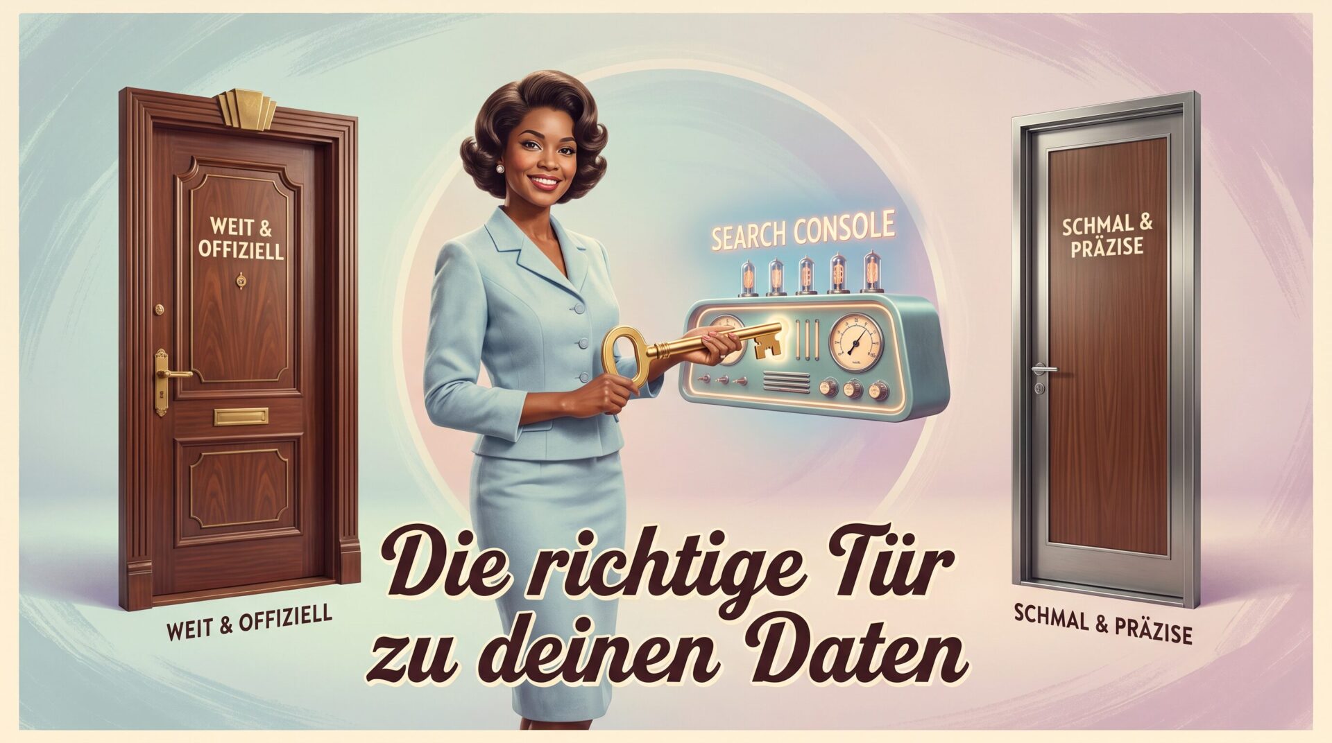 Featured Image: Google Search Console einrichten Humorvolles 50er-Jahre-Werbeplakat mit Frau, Schlüssel und zwei Türen als Bild für die Wahl zwischen Domain-Property und URL-Präfix in der Google Search Console.