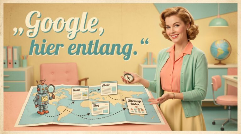 Humorvolles 50er-Jahre-Werbeplakat mit Frau, Karte und kleinem Suchroboter als Bild für das Einreichen einer Yoast-Sitemap bei Google.