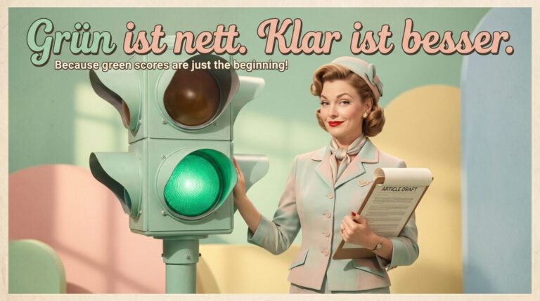Humorvolles 50er-Jahre-Werbeplakat mit Frau, Dokument und grüner Ampel als Bild für den sinnvollen Umgang mit Yoast-Hinweisen im Editor.