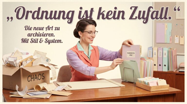 Humorvolles 50er-Jahre-Werbeplakat mit Frau am Schreibtisch, Aktenordnern und Chaos-Karton als Bild für Ordnung in Kategorien, Schlagwörtern und Archiven.