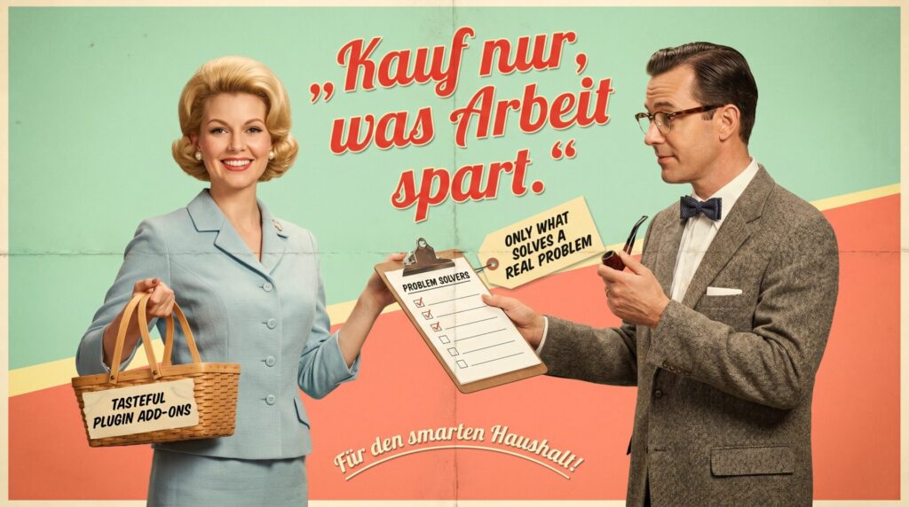 Humorvolles 50er-Jahre-Werbeplakat mit Einkaufstasche, Checkliste und Beratungsszene als Bild für die nüchterne Entscheidung zu Yoast Premium und Add-ons.