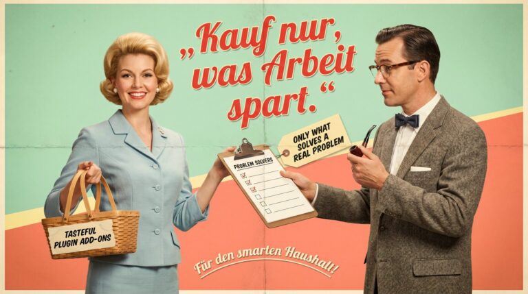 Humorvolles 50er-Jahre-Werbeplakat mit Einkaufstasche, Checkliste und Beratungsszene als Bild für die nüchterne Entscheidung zu Yoast Premium und Add-ons.