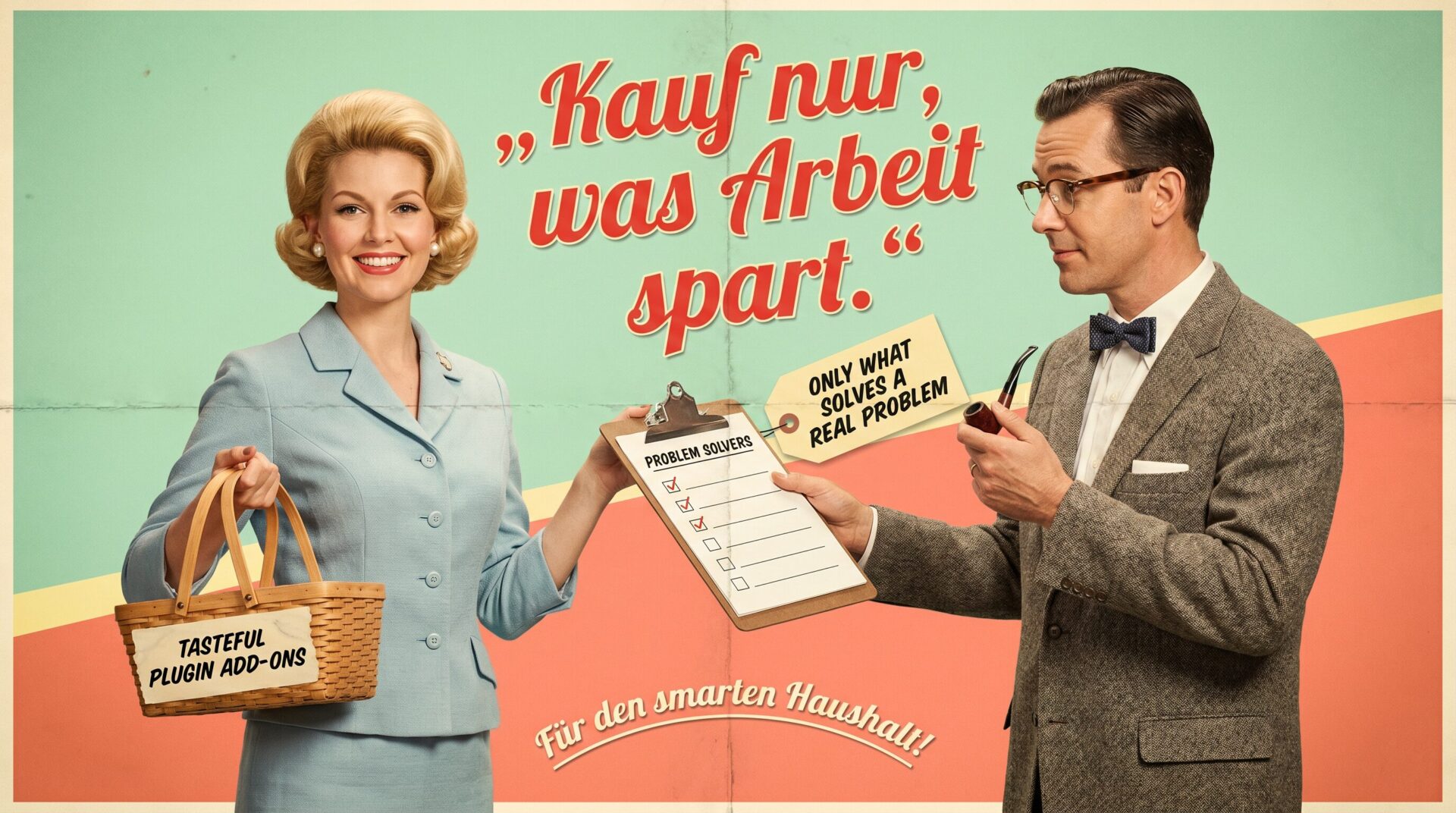 Humorvolles 50er-Jahre-Werbeplakat mit Einkaufstasche, Checkliste und Beratungsszene als Bild für die nüchterne Entscheidung zu Yoast Premium und Add-ons.