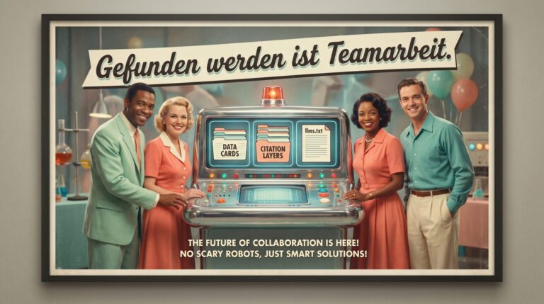 Humorvolles Retro-Werbeplakat mit Team an futuristischer Maschine als Bild für Schema, llms.txt, zitierfähige Inhalte und AI Visibility.