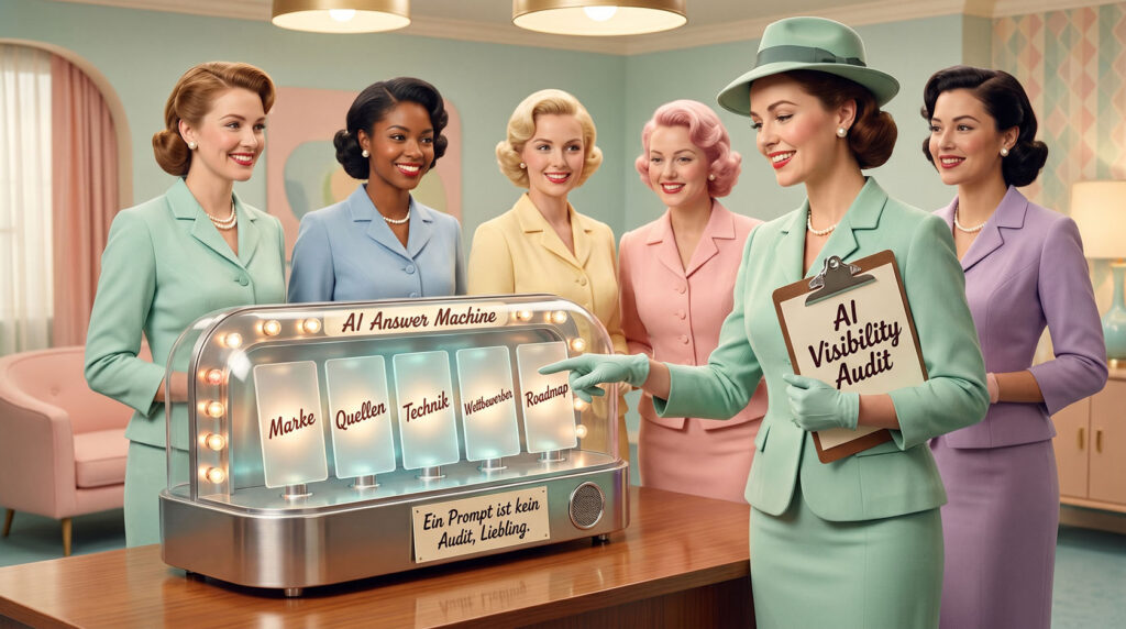 Humorvolles 1950er-Jahre-Werbeplakat zu AI Visibility Audits, Quellen, Technik und Roadmap.