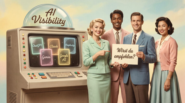 Humorvolles 1950er-Jahre-Werbeplakat zu AI Visibility mit Team vor einer KI-Antwortmaschine.
