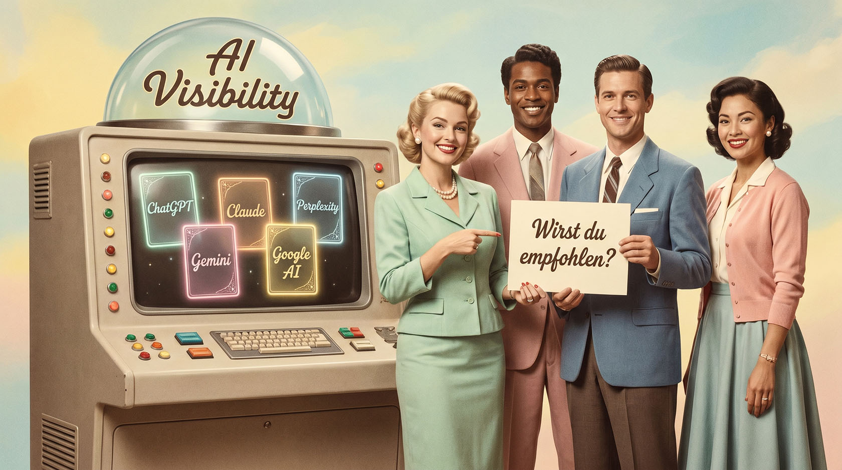 Humorvolles 1950er-Jahre-Werbeplakat zu AI Visibility mit Team vor einer KI-Antwortmaschine.