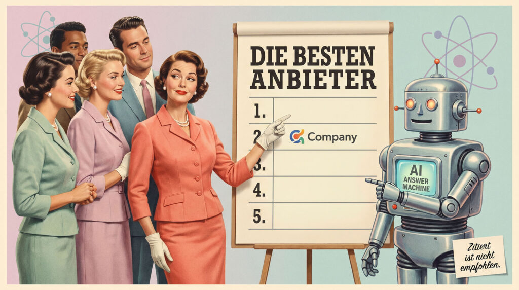 Humorvolles 1950er-Jahre-Werbeplakat zu AI Search, Listicles und einer KI, die statt Platz 1 den Wettbewerb empfiehlt.