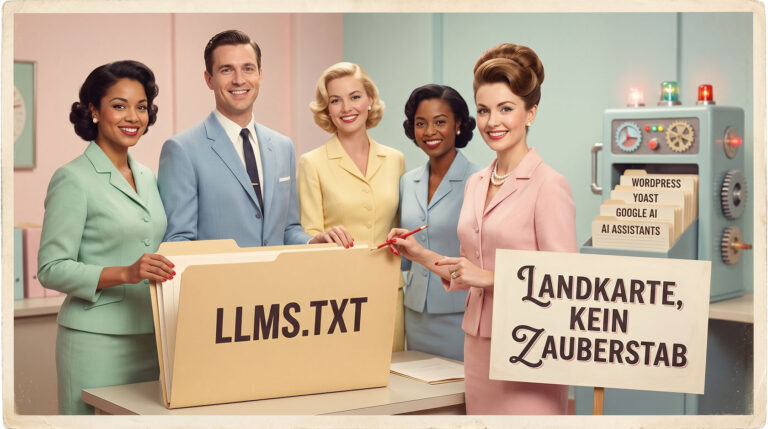 Humorvolles 1950er-Jahre-Werbeplakat zu llms.txt als Landkarte statt Zauberstab.