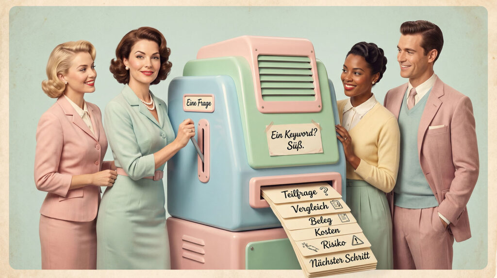 Humorvolles 1950er-Jahre-Werbeplakat zu Query Fan-Out, Teilfragen und AI Search.