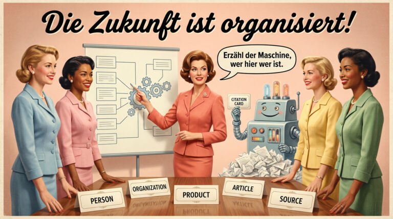 Humorvolles 1950er-Jahre-Werbeplakat zu Schema, Entitäten und zitierfähigen Inhalten als geordnete Wissenskarten.
