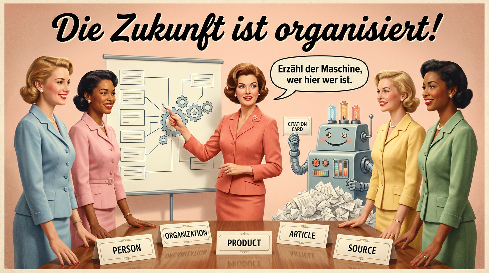Schema, Entitäten und zitierfähige Inhalte Beitragsbild Humorvolles 1950er-Jahre-Werbeplakat zu Schema, Entitäten und zitierfähigen Inhalten als geordnete Wissenskarten.