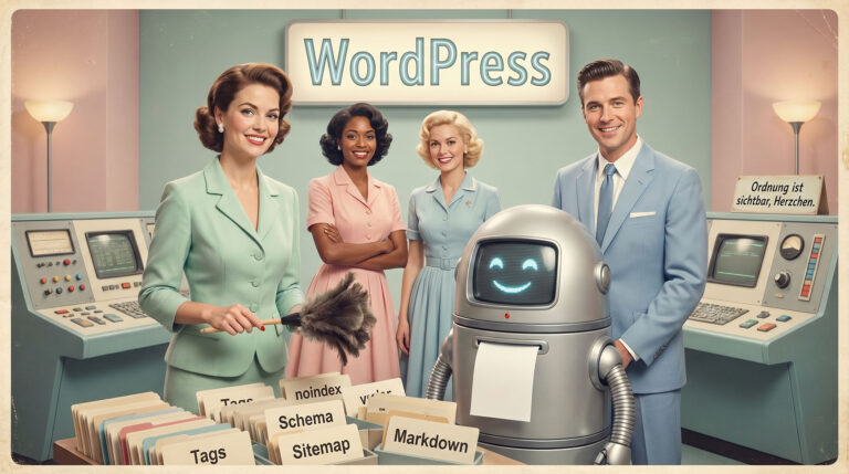 Humorvolles 1950er-Jahre-Werbeplakat zu WordPress, KI-Lesbarkeit, Sitemaps, Schema und Markdown.