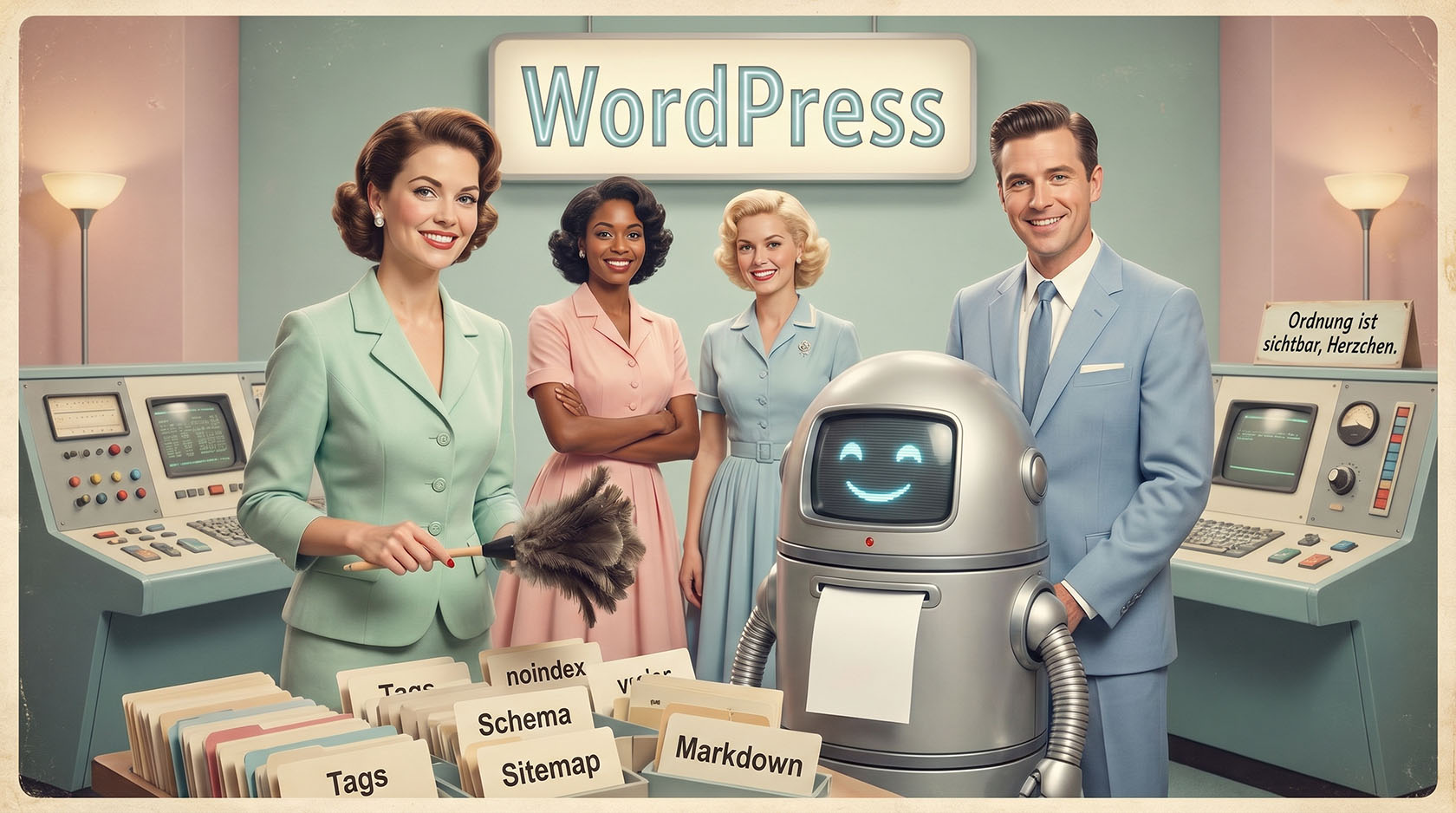 WordPress für KI-Systeme lesbarer machen Beitragsbild Humorvolles 1950er-Jahre-Werbeplakat zu WordPress, KI-Lesbarkeit, Sitemaps, Schema und Markdown.