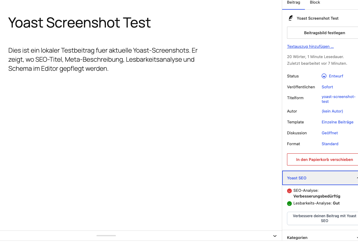 Yoast SEO Sidebar im WordPress-Editor mit SEO- und Lesbarkeitsanalyse