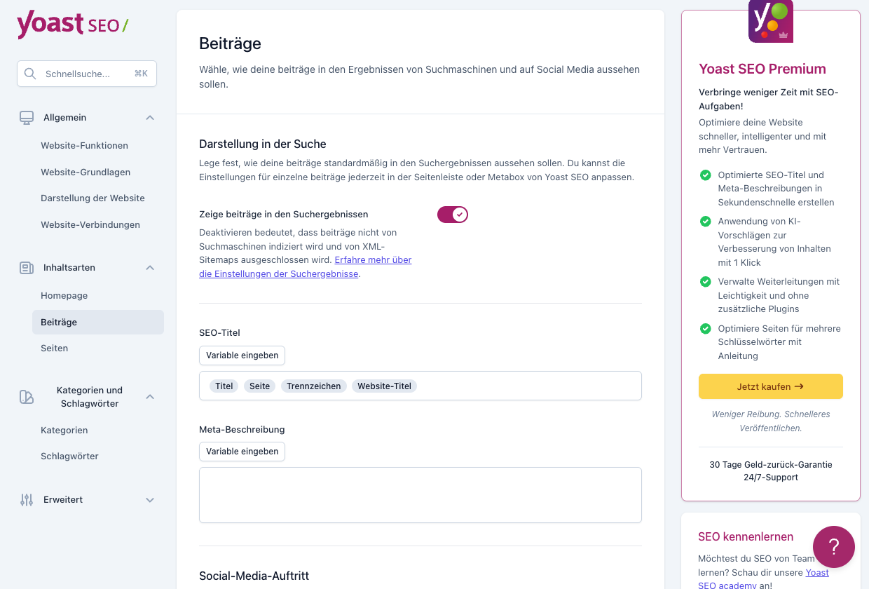 Yoast SEO Einstellungen für Beiträge: Suchdarstellung und Standard-Snippets