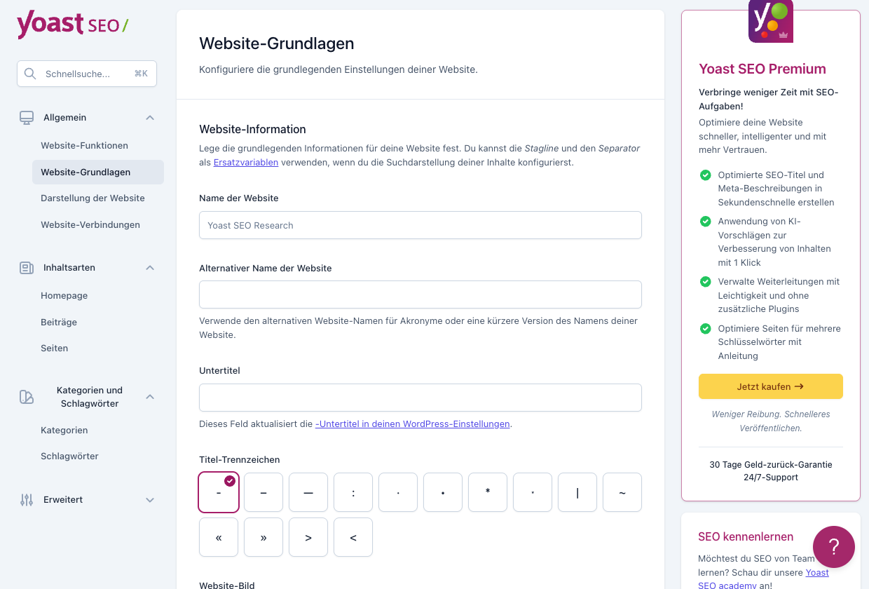 Yoast SEO Einstellungen: Website-Grundlagen für Name und Trennzeichen