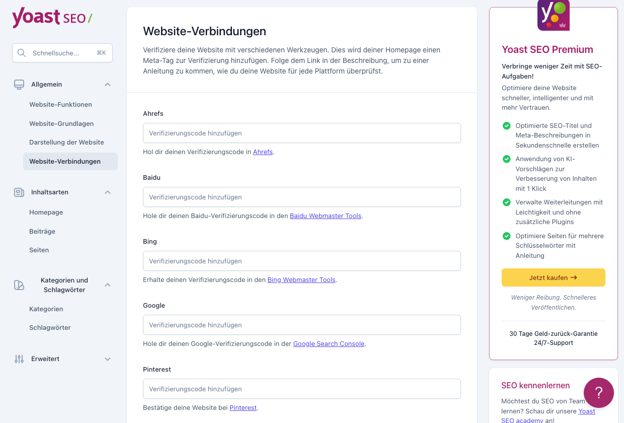 Yoast SEO Einstellungen: Verifizierungscodes für Suchdienste