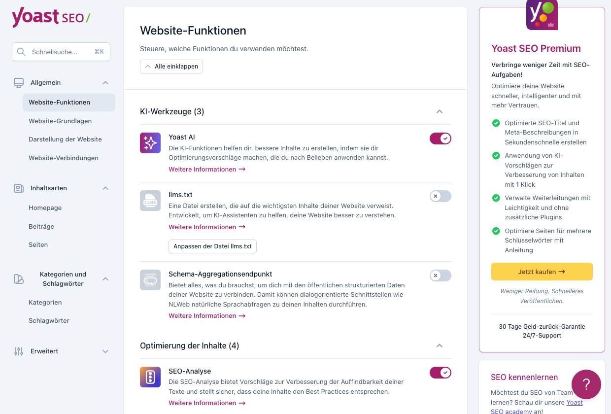 Yoast SEO Einstellungen mit Website-Funktionen, Schema und llms.txt