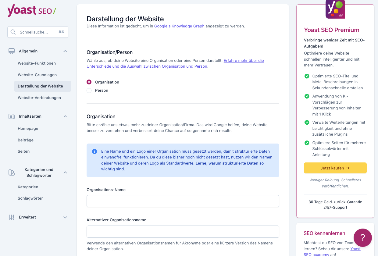 Yoast SEO Einstellungen: Organisation oder Person für strukturierte Daten