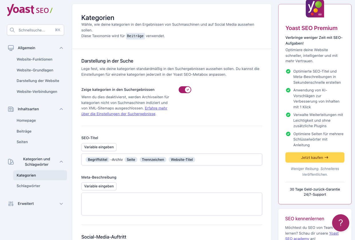 Yoast SEO Einstellungen für Kategorien und Taxonomien