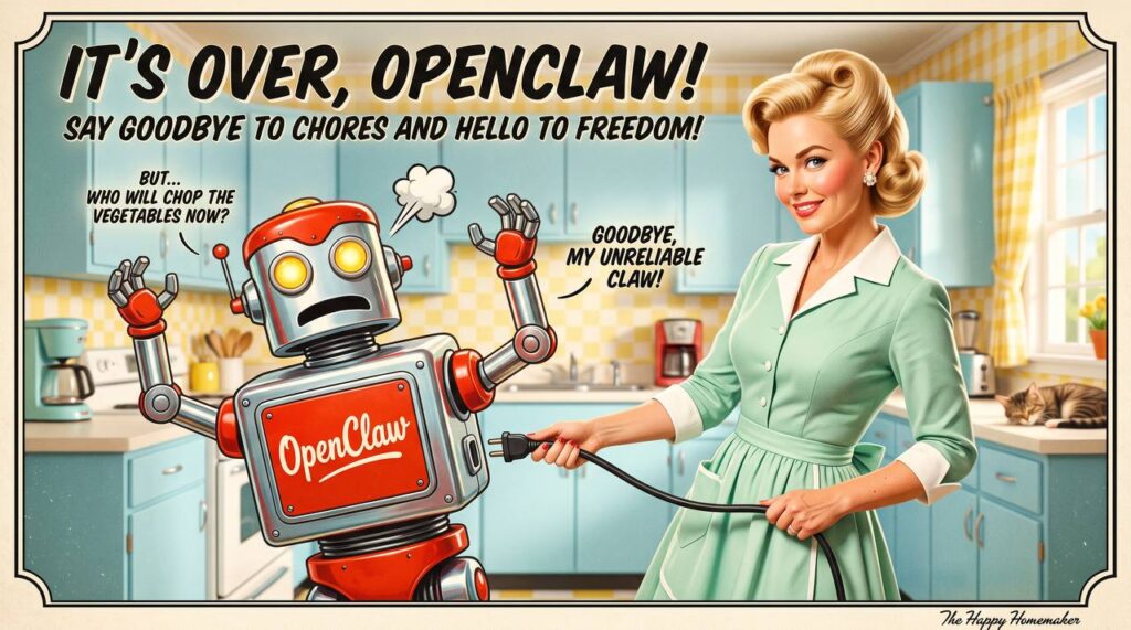 Eine Frau im Stil einer 1950er-Werbeanzeige zieht einem rot-silbernen OpenClaw-Roboter in einer pastellfarbenen Küche den Stecker.