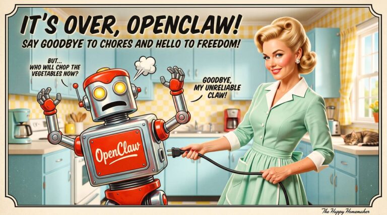 Eine Frau im Stil einer 1950er-Werbeanzeige zieht einem rot-silbernen OpenClaw-Roboter in einer pastellfarbenen Küche den Stecker.