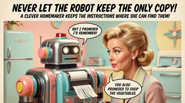 Eine Frau betrachtet einen pastellfarbenen Retro-Roboter, der einen Papierstreifen ausgibt; darüber die Warnung, nie die einzige Kopie beim Roboter zu lassen.