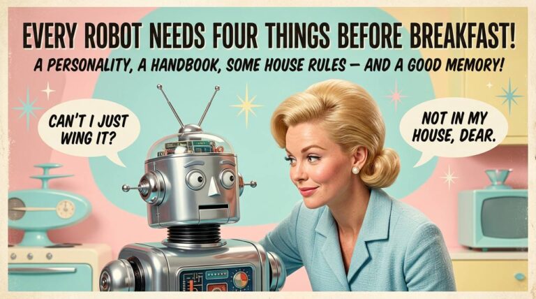 Eine Frau im 1950er-Stil beugt sich zu einem Retro-Roboter mit geöffnetem Kopf; die Anzeige nennt Persönlichkeit, Handbuch, Hausregeln und Gedächtnis.