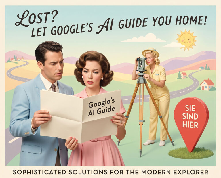 Szene im Stil eines 50er-Jahre-Werbefotos: An einem Google-Schalter werden identische Rezeptkarten mit „SEO“ ausgegeben; daneben warten Menschen an leeren Schaltern, ein Retro-Roboter hält ein Klemmbrett mit der Aufschrift „Messung“.