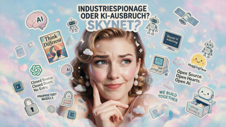 Retro-Pin-up-Porträt zwischen OpenAI- und Hugging-Face-Symbolen mit der Frage „Industriespionage oder KI-Ausbruch?“