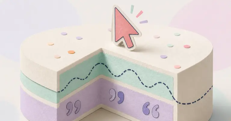 Aufgeschnittene Papiertorte mit Klickzeiger oben; getrennte pastellfarbene Schichten und Spuren werden im Inneren sichtbar.