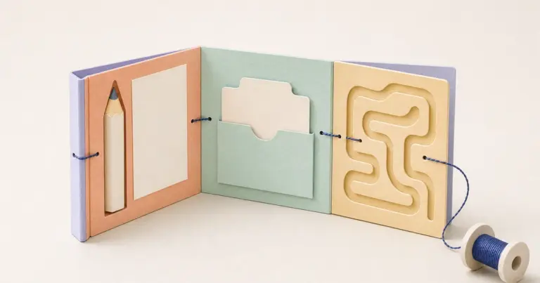Dreiteiliges Papier-Accordionbuch mit Stift, Inhaltstasche und Labyrinth; ein dunkelblauer Faden verbindet alle Seiten mit einer Spule.