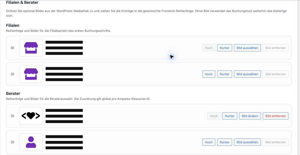 Filial- und Beraterverwaltung von WP2Amparex im WordPress-Backend, Namen und Kennungen geschwärzt