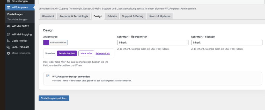 Design-Einstellungen von WP2Amparex im WordPress-Backend