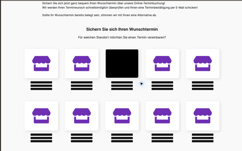 WP2Amparex Online-Terminbuchung im Besucher-Frontend auf dem Desktop, Standortdaten geschwärzt