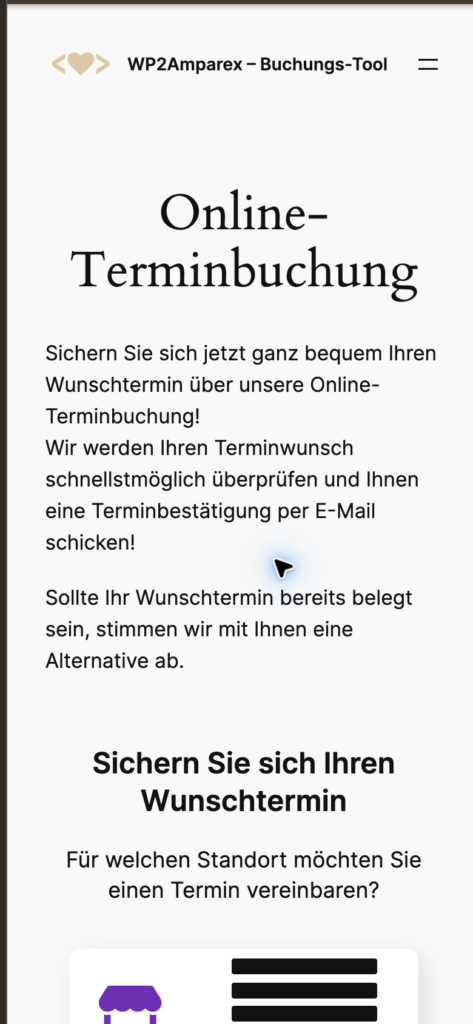 WP2Amparex Online-Terminbuchung in der mobilen Ansicht, Standortdaten geschwärzt
