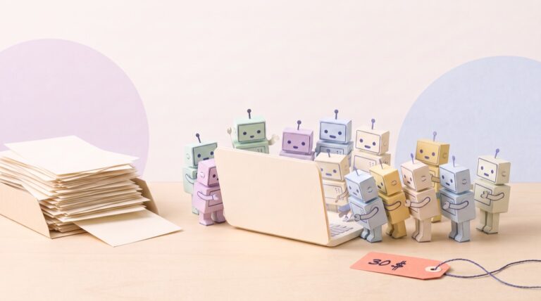 Papiercollage: 13 kleine Papier-Roboter drängeln sich um einen einzigen Laptop, daneben ein übervoller Posteingang und ein Preisschild mit 30 $.